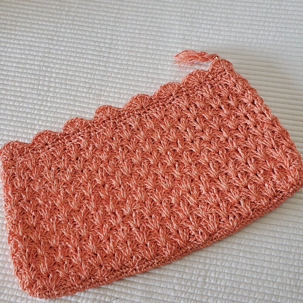 Rattan Straw Clutch Purse Coral 12"x7"  Vintage Zipper Orange Rectangle Party